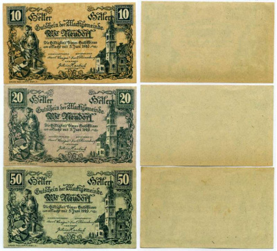 Австрия, Нойдорф набор из 3 банкнот 10, 20, 50 геллеров 1920 5 июня 1920, нотгельд, земля Нижняя Австрия   бумага  UNC (пресс) 7555-27-3-2