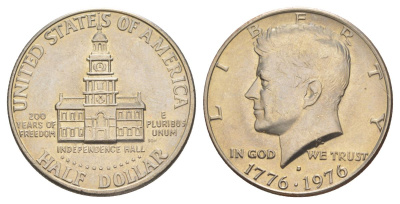 США 1/2 доллара (50 центов) 1976 D, 200 лет независимости, Джон Кеннеди KM 205 медь плакированная медно-никелем aUNC 4565-532