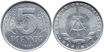 ГДР 5 ПФЕННИГОВ 1968 A КМ 9.1 алюминий 261-656