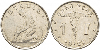Бельгия 1 франк 1923 Belgie, Альберт I (1909-1934) KM 90 никель UNC 51-136
