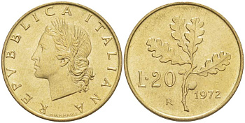 ИТАЛИЯ 20 ЛИР 1972 R, ДУБОВЫЕ ЛИСТЬЯ KM 97.2 алюминиевая бронза 4519-547