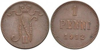 Россия для Финляндии 1 пенни 1912 Николай II (1894-1917) KM 13, Биткин 472 медь 4396-1358