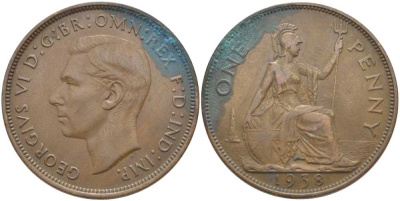 Великобритания 1 пенни 1938 Георг VI (1936-1952) КМ 845, Spink 4114 бронза 115-335
