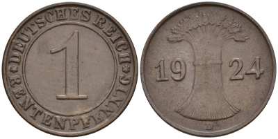 Германия 1 рентенпфенниг 1924 D KM 30, J.306, Weege 1 медь 4585-543