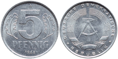 ГДР 5 ПФЕННИГОВ 1968 A КМ 9.1 алюминий 261-656