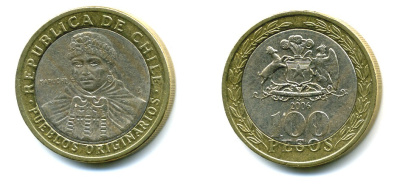 Чили 100 песо 2006 индейцы Мапуче KM 236 биметалл 29-221