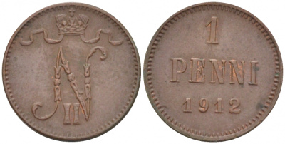 Россия для Финляндии 1 пенни 1912 Николай II (1894-1917) KM 13, Биткин 472 медь 4396-1358