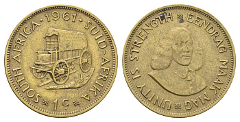 ЮАР 1 цент 1961 Ян Ван Рибек (1619-1677), голландский исследователь, мореплаватель, основатель Г. Кейптауна, две птички на ветке с ягодами KM 57 латунь 4692-1043