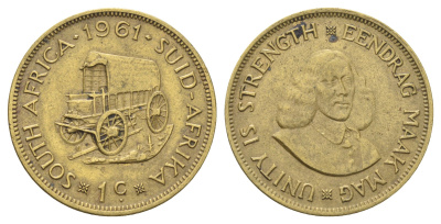 ЮАР 1 цент 1961 Ян Ван Рибек (1619-1677), голландский исследователь, мореплаватель, основатель Г. Кейптауна, две птички на ветке с ягодами KM 57 латунь 4692-1043
