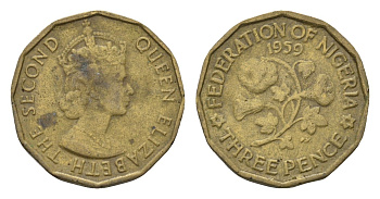 Нигерия 3 пенса 1959 год-тип KM 3 никель латунь 4674-831