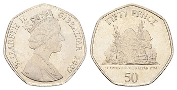 Гибралтар 50 пенсов 2009 KM 1089 медно-никель UNC 4666-427