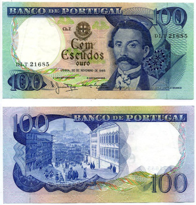 ПОРТУГАЛИЯ 100 ЭСКУДО 1965 30 НОЯБРЯ 1965, КАМИЛО КАСТЕЛО БРАНКО Pick 169a бумага VF 7203-27-1