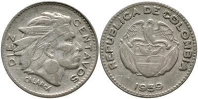 Колумбия 10 сентаво 1959 индеец Каларка KM 212.2 медно-никель 4392-1262