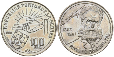 Португалия, Азорские острова 100 эскудо 1991 100 лет со дня смерти Антеру де КенталАвтономный регион Асориш,  KM 46 медно-никель  UNC   4157-332