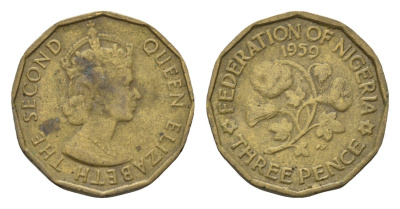 Нигерия 3 пенса 1959 год-тип KM 3 никель латунь 4674-831