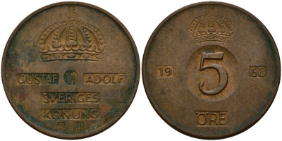 Швеция 5 эре 1968 Густав VI Адольф (1950-1973) KM 822 бронза 4156-237