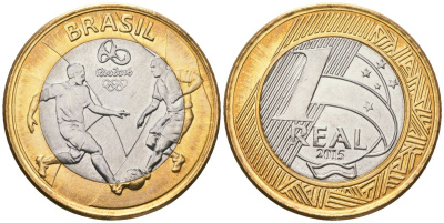 Бразилия 1 реал 2015 XXXI летние Олимпийские Игры, Рио-де-Жанейро 2016 - Футбол KM 708 биметалл UNC 4140-133