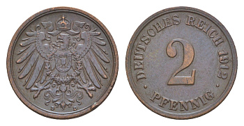 Германия 2 пфеннига 1912 D, Вильгельм II (1888-1918) KM 16, J. 11, Weege 4 медь 4639-1221