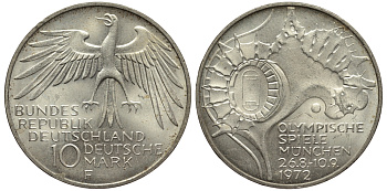ФРГ 10 МАРОК 1972 F, ОЛИМПИАДА, СТАДИОН KM 133, J.404 серебро UNC 413-4835