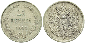 Россия для Финляндии 25 пенни 1909 L, Николай II (1894-1917) KM 6.2, Биткин 417 серебро 57-1121