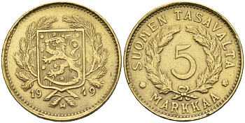 ФИНЛЯНДИЯ 5 МАРОК 1949 H KM 31a латунь 4563-357