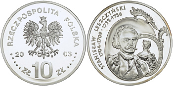 Польша 10 злотых 2003 MW, король польский и великий князь литовский Станислав Лещинский (1704-1709) (1733-1736), бюст KM 474 серебро PROOF 1087-6-55