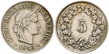 Швейцария 5 раппенов 1943 KM 26 медно-никель 4588-1221