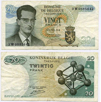 Бельгия 20 франков 1964 Бодуэн I, атомиум, Kestens Pick 138 (3) бумага 7221-58-3-2