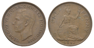 Великобритания 1 пенни 1947 Георг VI (1936-1952) KM 845, Spink 4114 бронза 4661-832