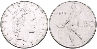 ИТАЛИЯ 50 ЛИР 1979 R, БОГ ОГНЯ ВУЛКАН У НАКОВАЛЬНИ KM 95.1 нержавеющая сталь 4525-954