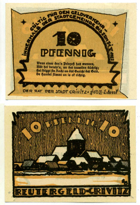 КРИВИЦ 10 ПФЕННИГОВ 1922 ДО 31 МАЯ 1922, НОТГЕЛЬД, ЗЕМЛЯ МЕКЛЕНБУРГ ВЕРХНЯЯ ПОМЕРАНИЯ Grabowski 247.2 бумага 2193-12-1-1