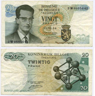 Бельгия 20 франков 1964 Бодуэн I, атомиум, Kestens Pick 138 (3) бумага 7221-58-3-2