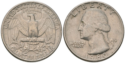 США 25 центов (квотер) 1980 P, Вашингтон KM A164a медь плакированная медно-никелем 4597-742