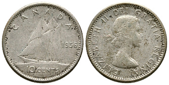 Канада 10 центов 1956 Елизавета II (1952-2022), парусник KM 51 серебро 179-1041