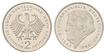 ФРГ 2 марки 1990 F, Франц Йозеф Штраус, 40 лет Федеративной Республике (1949-1989) KM 175, J. 450 медно-никель 3459-1024