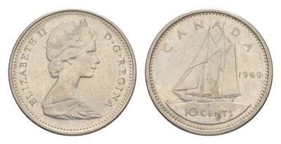 Канада 10 центов 1969 Елизавета II (1952-2022), парусник KM 77 никель 4158-717