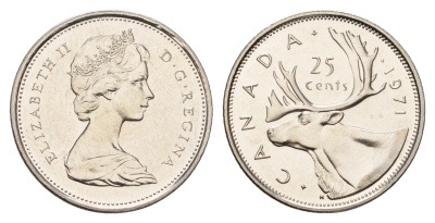 Канада 25 центов 1971 Елизавета II (1952-2022), олень KM 62b никель PROOF-LIKE (BU) 633-923
