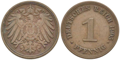 ГЕРМАНИЯ 1 ПФЕННИГ 1905 D KM 10, J. 10, Weege 2 медь 211-331