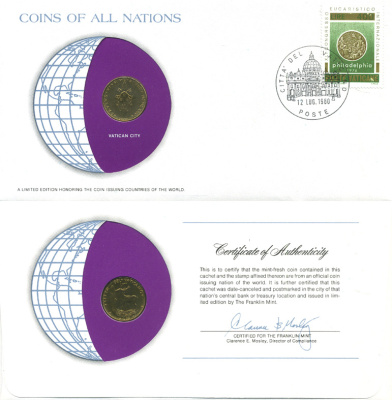 Ватикан 20 лир 1975 XIII, год, конверт с маркой первого дня гашения, Coins of Nations KM 120 алюминиевая бронза UNC 4294-74-3