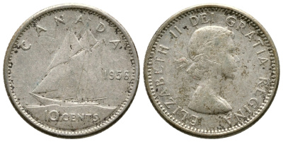 Канада 10 центов 1956 Елизавета II (1952-2022), парусник KM 51 серебро 179-1041