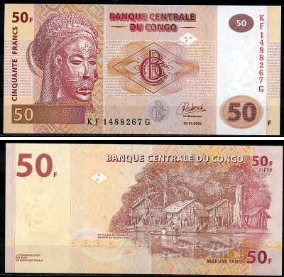 ДР Конго 50 франков 2022 маска Мвана Пво, рыбацкая деревня, Oberthur Fiduciaire, France Pick 97B  бумага  UNC (пресс) 449-76-3