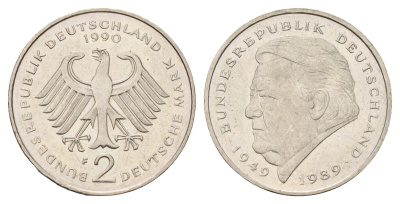 ФРГ 2 марки 1990 F, Франц Йозеф Штраус, 40 лет Федеративной Республике (1949-1989) KM 175, J. 450 медно-никель 3459-1024