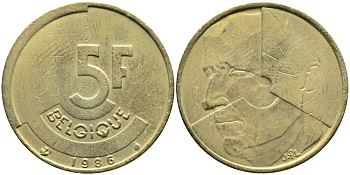 БЕЛЬГИЯ 5 ФРАНКОВ 1986 BELGIQUE KM 163 латунь или алюминевая бронза 4384-831
