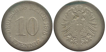 ГЕРМАНИЯ 10 ПФЕННИГОВ 1875 C, СТАРОГЕРБОВКА KM 4, Jager 4, Weege 7 медно-никель 4546-1123