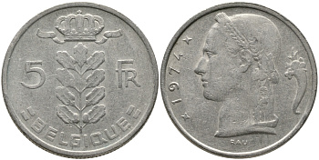 БЕЛЬГИЯ 5 ФРАНКОВ 1974 BELGIQUE KM 134.1 медно-никель 65-1146
