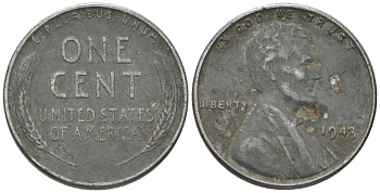 США 1 цент 1943 Авраам Линкольн KM 132 a сталь покрытая цинком 214-846