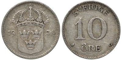 Швеция 10 эре 1936 G, короткая 6, Густав V (1907-1950) KM 780 серебро 4179-623