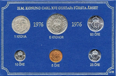 Швеция набор монетного двора из 6 монет 1976 в картоне, Карл XVI Густав (1973- ) KM MS4 UNC 7-5-7-221