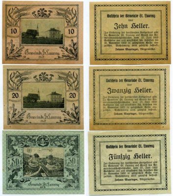 Австрия, Санкт-Лоренц набор из 3 банкнот 10, 20,  50 геллеров 1920 27 июня 1920 - 30 ноября 1920, нотгельд, земля Нижняя Австрия   бумага  UNC (пресс) 7555-13-2-1