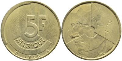БЕЛЬГИЯ 5 ФРАНКОВ 1986 BELGIQUE KM 163 латунь или алюминевая бронза 4384-831